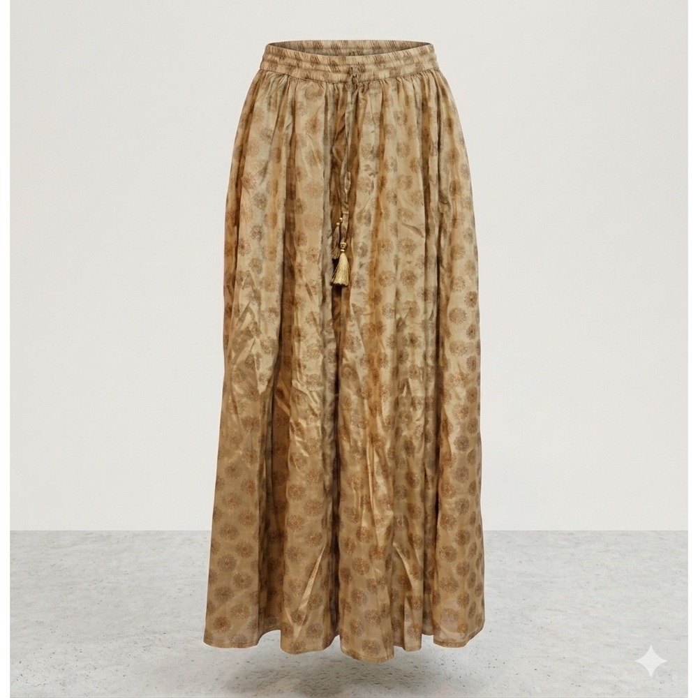 Gold Floral Medallion Full Maxi Skirt Tassel Tie S/M Festival Boho Cottage Flowy